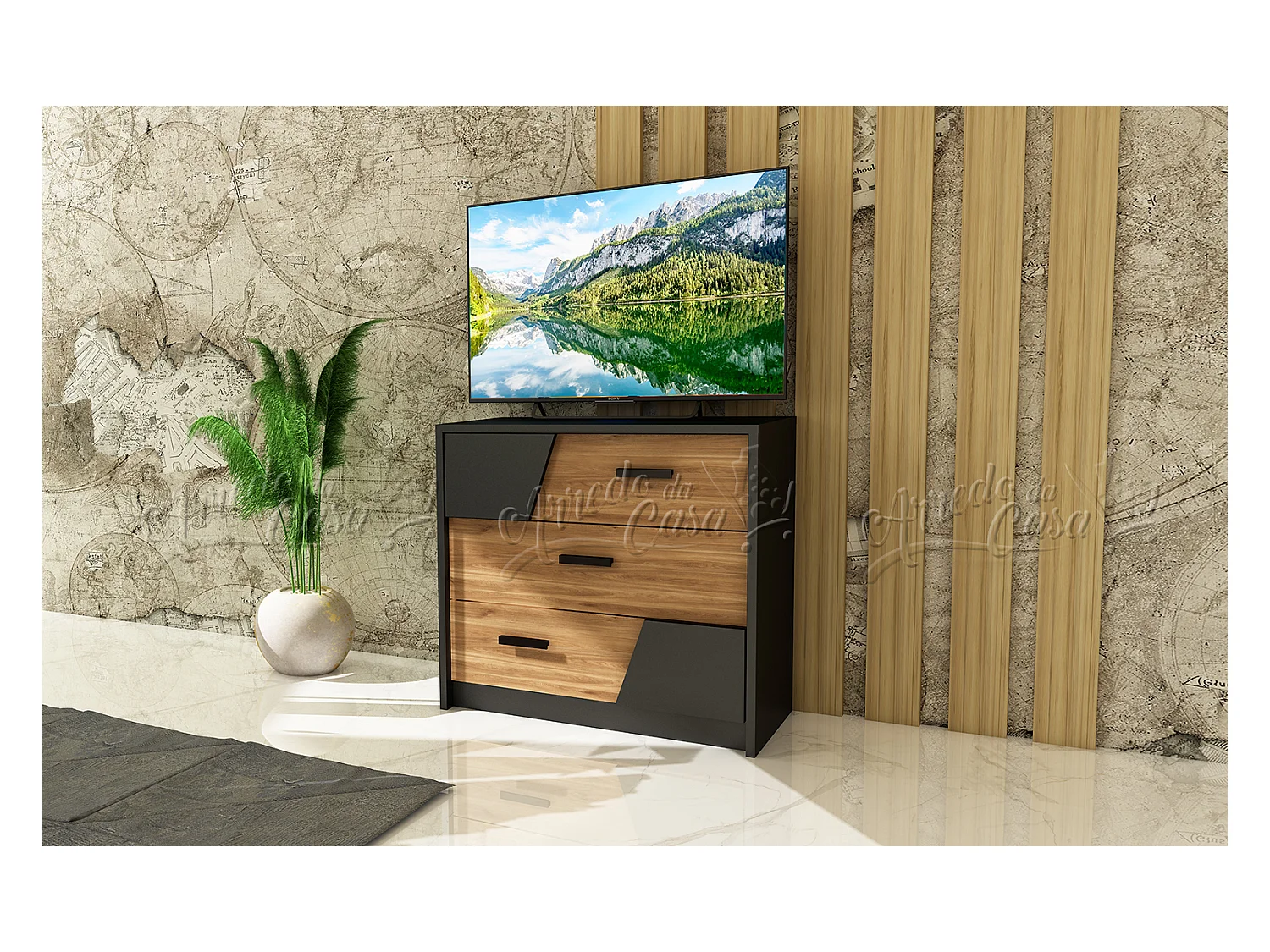 Cassettiera camera da letto moderna con tre cassetti 80x73 nero e rovere CU40