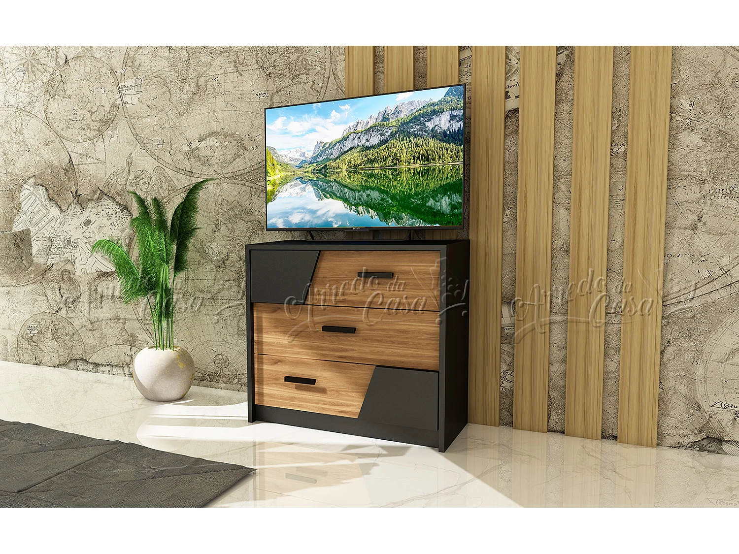 Cassettiera camera da letto moderna con tre cassetti 80x73 nero e rovere CU40