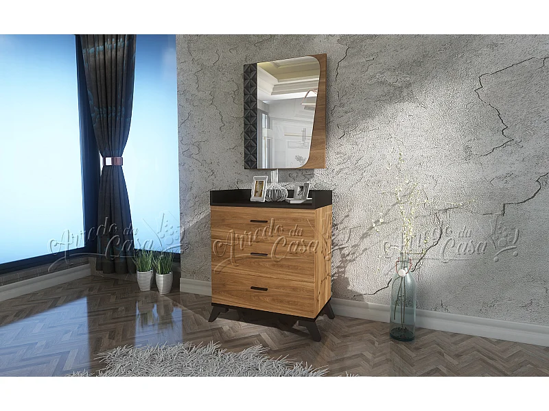 comò da camera da letto con specchio e cassetti CU3 80x89,5 nero e castagno naturale