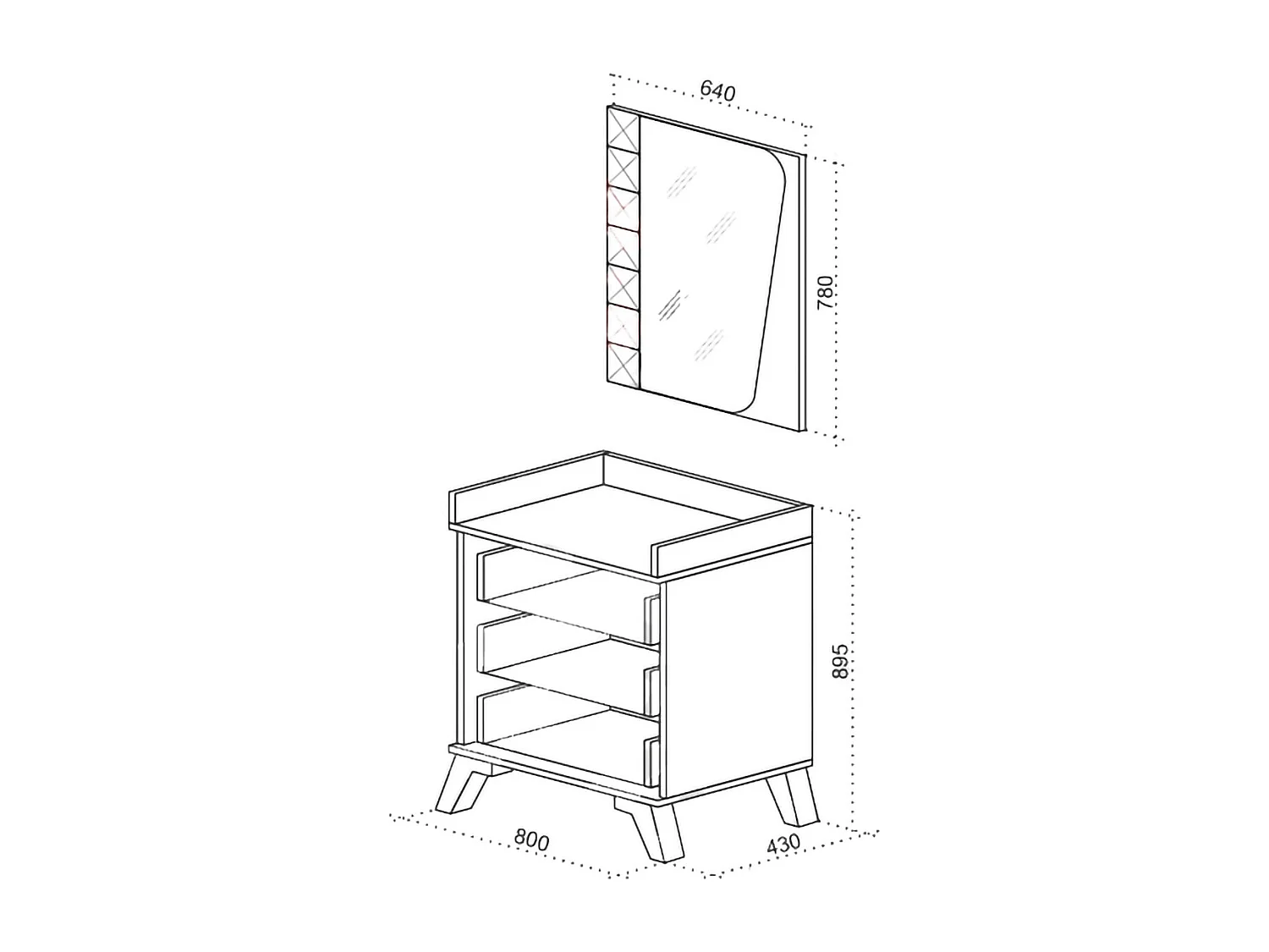 comò da camera da letto con specchio e cassetti CU3 80x89,5 nero e castagno naturale