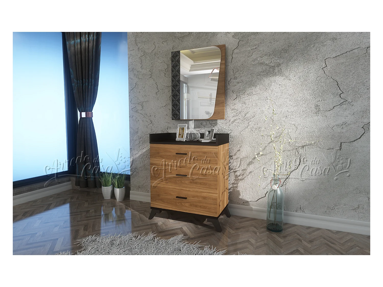 comò da camera da letto con specchio e cassetti CU3 80x89,5 nero e castagno naturale