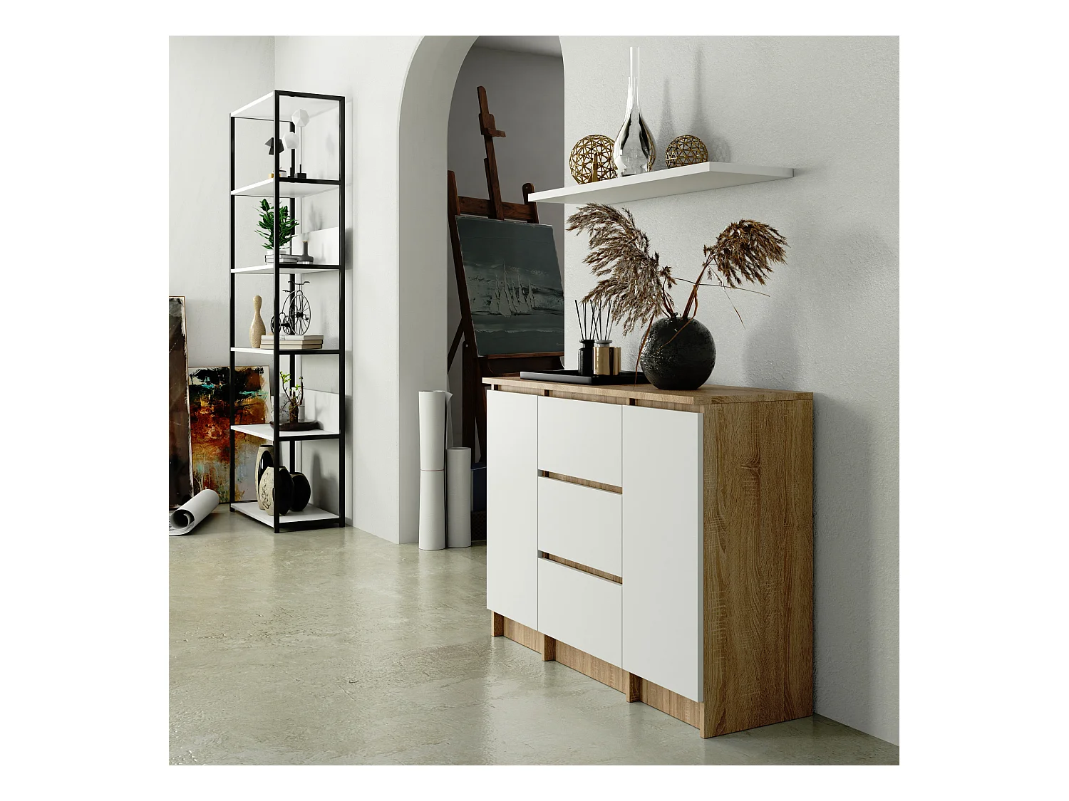 Kommode K100 Sonoma Eiche 101 cm 2 Türen 3 Schubladen Front Weiß 4 Regalböden B101xH76xT35 cm