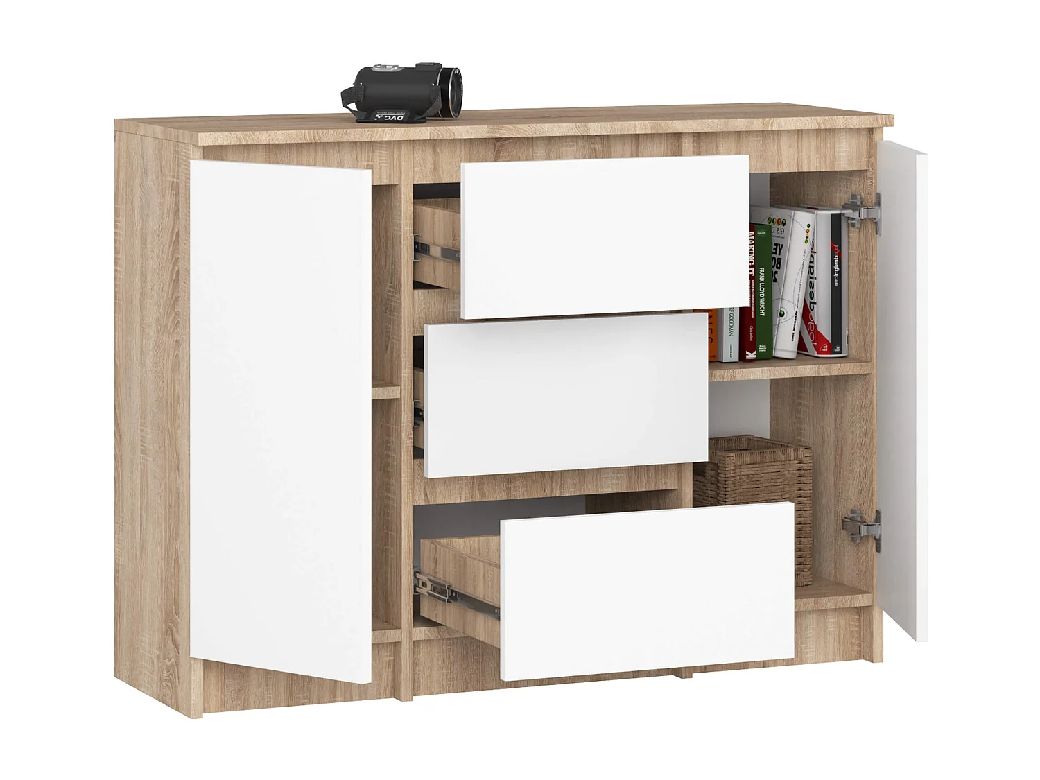 Kommode K100 Sonoma Eiche 101 cm 2 Türen 3 Schubladen Front Weiß 4 Regalböden B101xH76xT35 cm