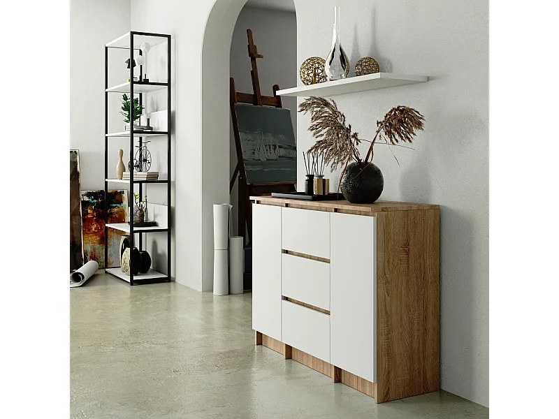 Ladekast K100 met 3 Lades en 2 Deuren / AKORD Furniture Factory / Sonoma Eik - Wit / 101 x 76 x 35 cm