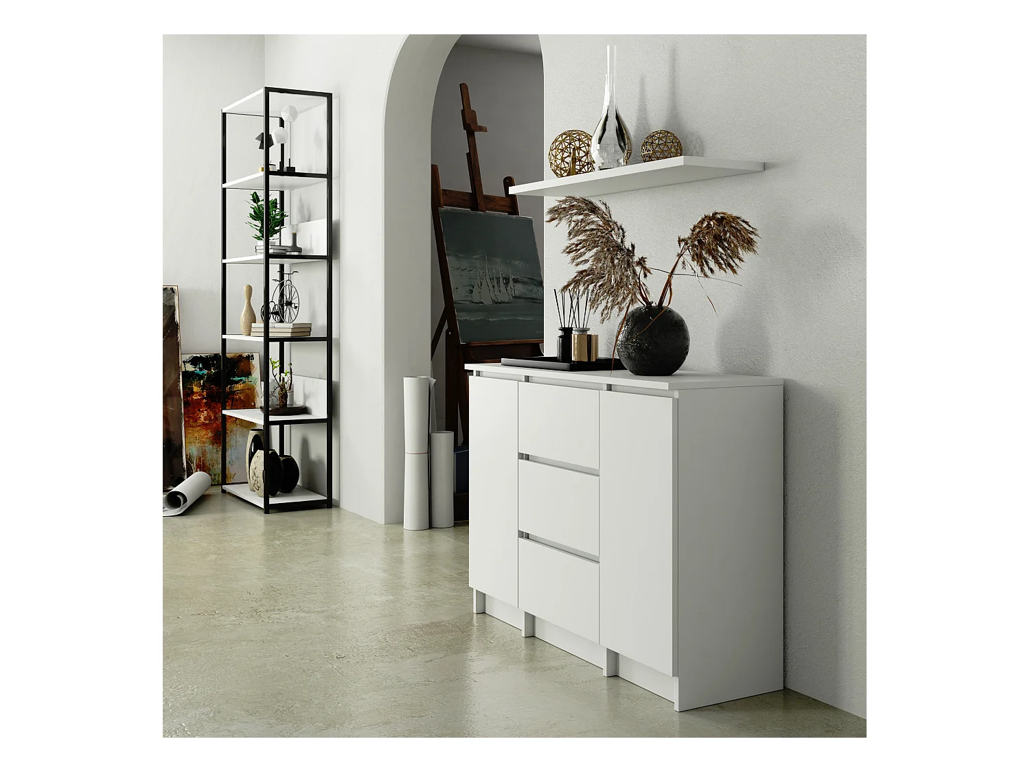 Commode AKORD K100 Blanche 101 cm 2 portes 3 tiroirs façade Blanche 4 étagères 101x35x76 cm