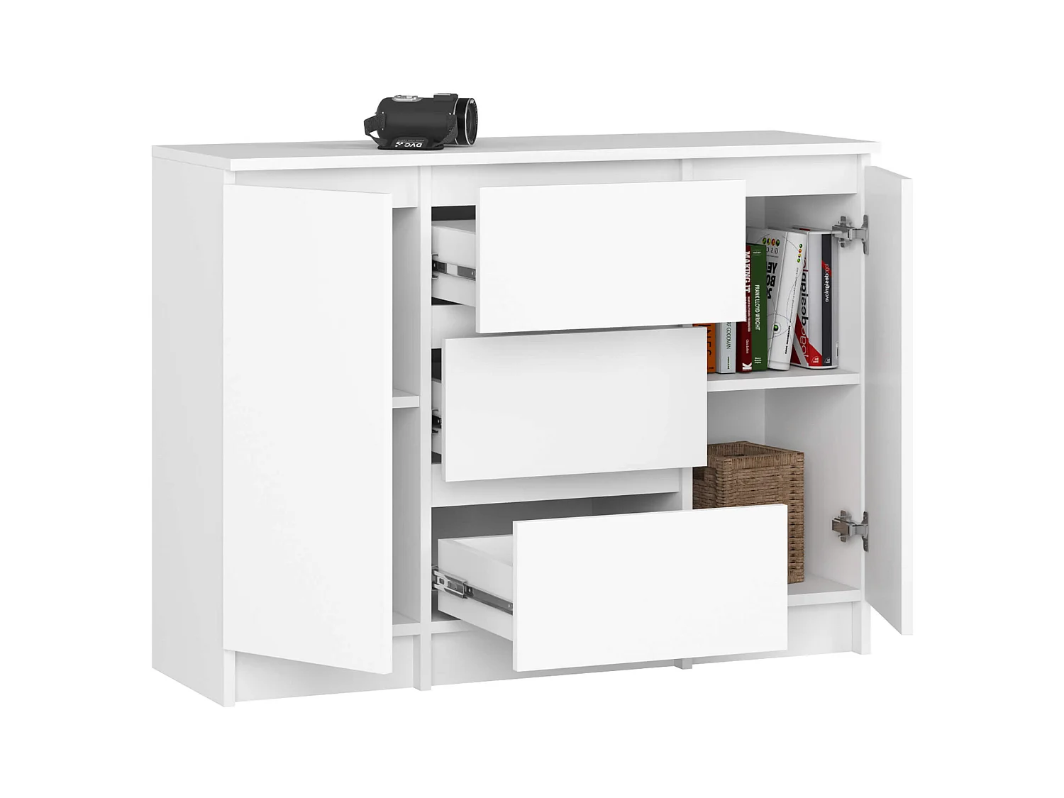 Commode AKORD K100 Blanche 101 cm 2 portes 3 tiroirs façade Blanche 4 étagères 101x35x76 cm