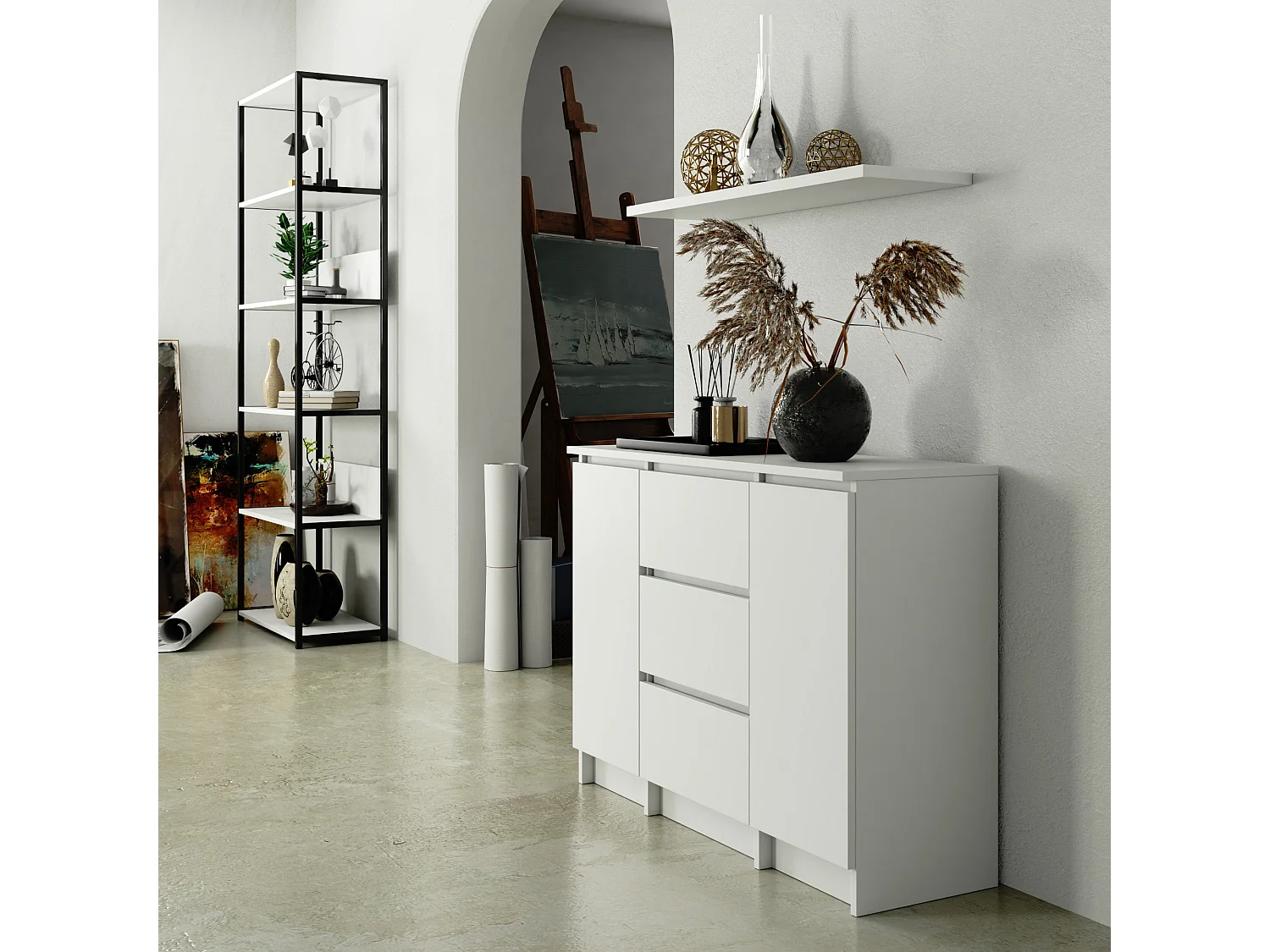 Commode AKORD K100 Blanche 101 cm 2 portes 3 tiroirs façade Blanche 4 étagères 101x35x76 cm