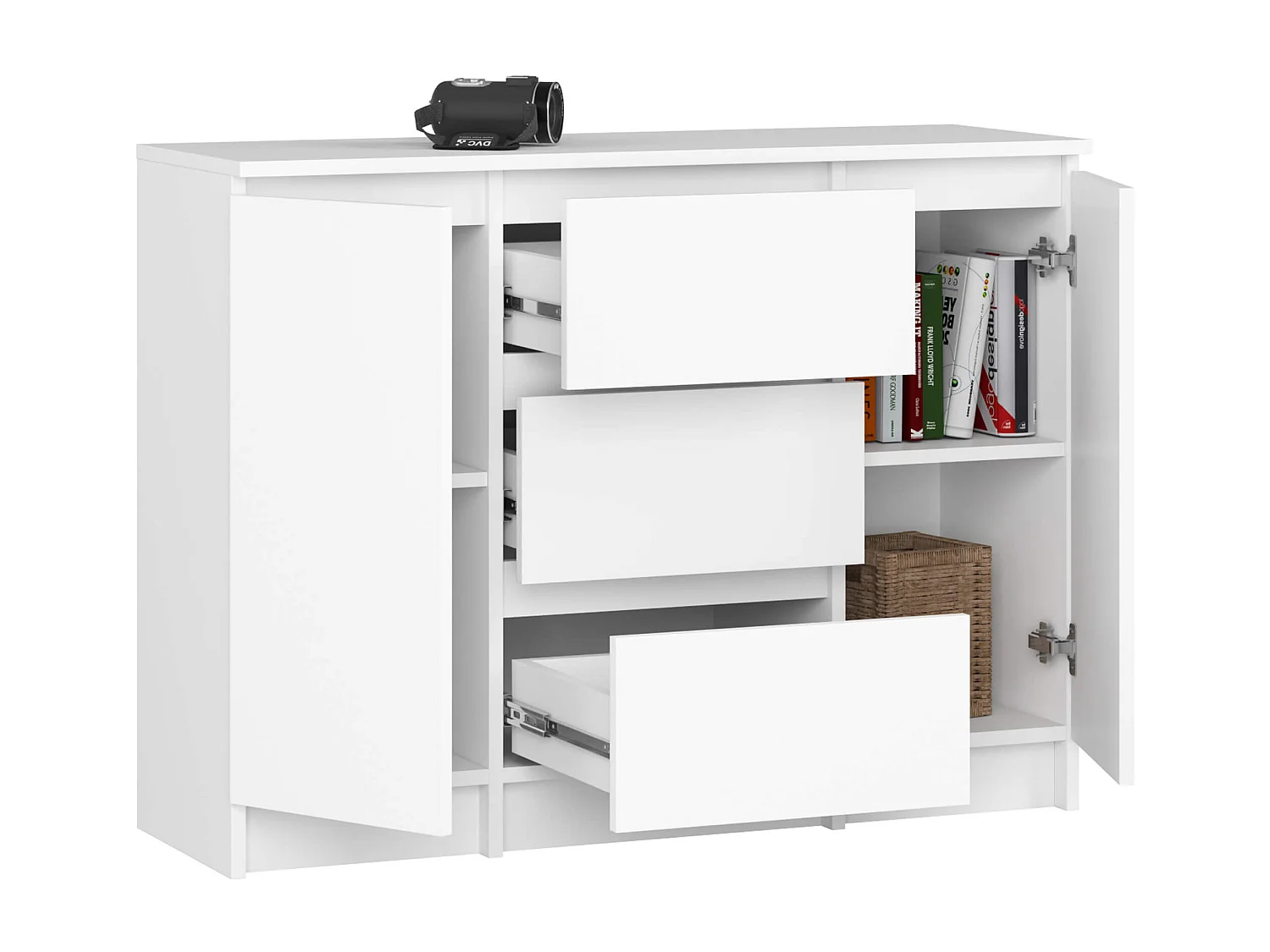 Commode AKORD K100 Blanche 101 cm 2 portes 3 tiroirs façade Blanche 4 étagères 101x35x76 cm