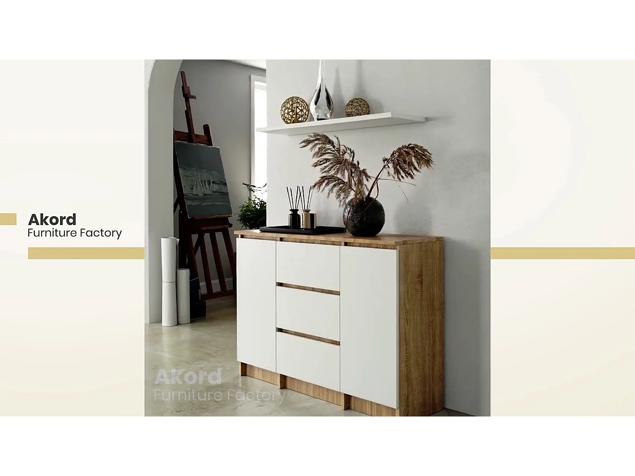 Commode AKORD K100 Blanche 101 cm 2 portes 3 tiroirs façade Blanche 4 étagères 101x35x76 cm