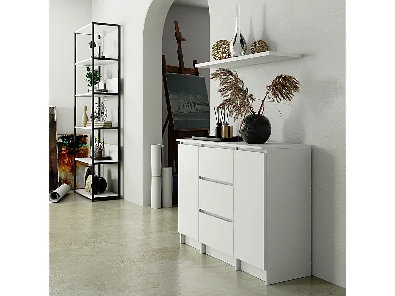 Commode AKORD K100 Blanche 101 cm 2 portes 3 tiroirs façade Blanche 4 étagères 101x35x76 cm