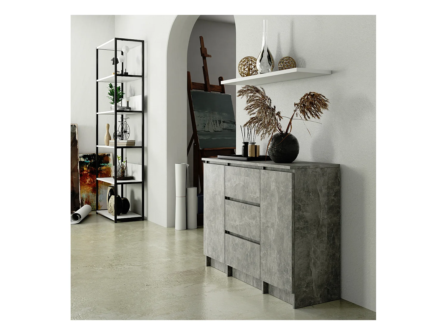 Commode AKORD K100 Béton 101 cm 2 portes 3 tiroirs façade Béton 4 étagères 101x35x76 cm