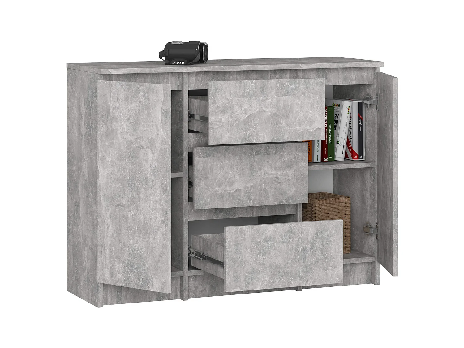 Commode AKORD K100 Béton 101 cm 2 portes 3 tiroirs façade Béton 4 étagères 101x35x76 cm