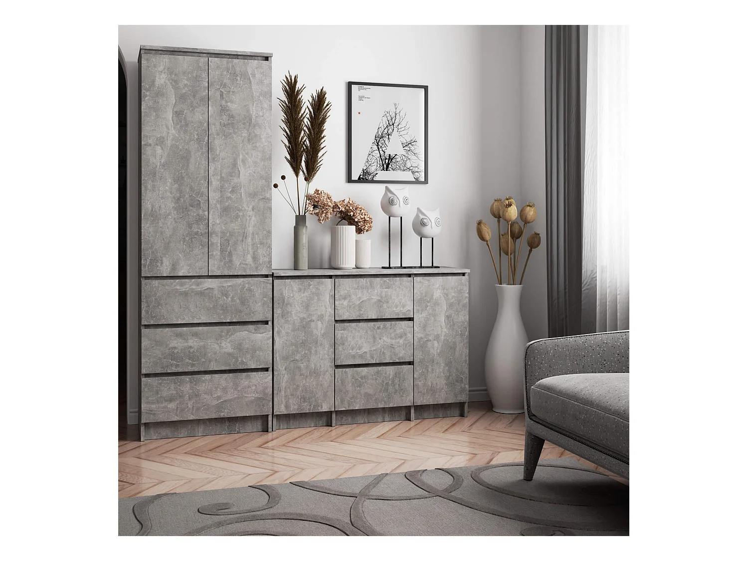 Commode AKORD K100 Béton 101 cm 2 portes 3 tiroirs façade Béton 4 étagères 101x35x76 cm