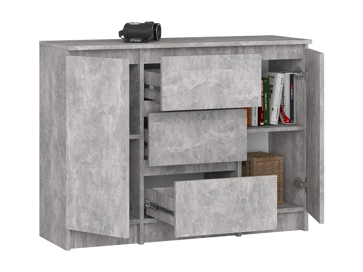 Commode AKORD K100 Béton 101 cm 2 portes 3 tiroirs façade Béton 4 étagères 101x35x76 cm