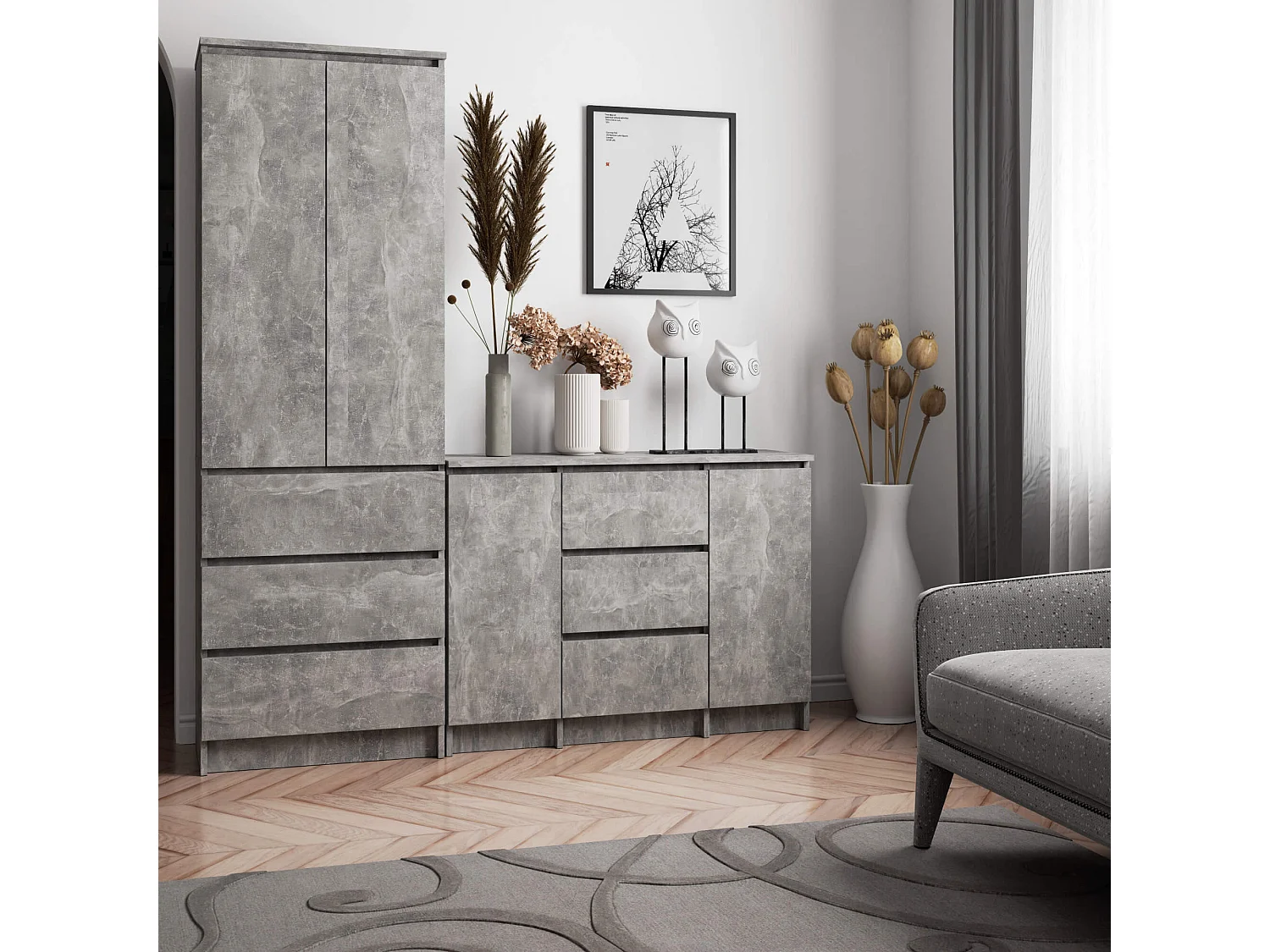 Commode AKORD K100 Béton 101 cm 2 portes 3 tiroirs façade Béton 4 étagères 101x35x76 cm