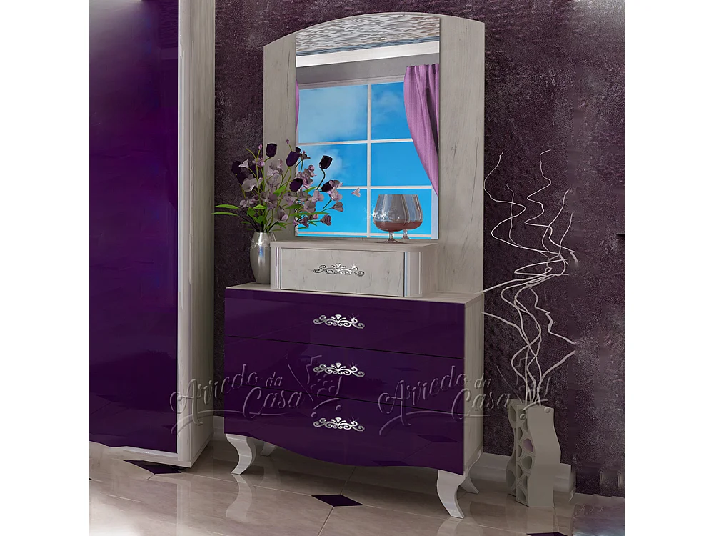 Cassettiera barocca con specchio bianca e viola CU11