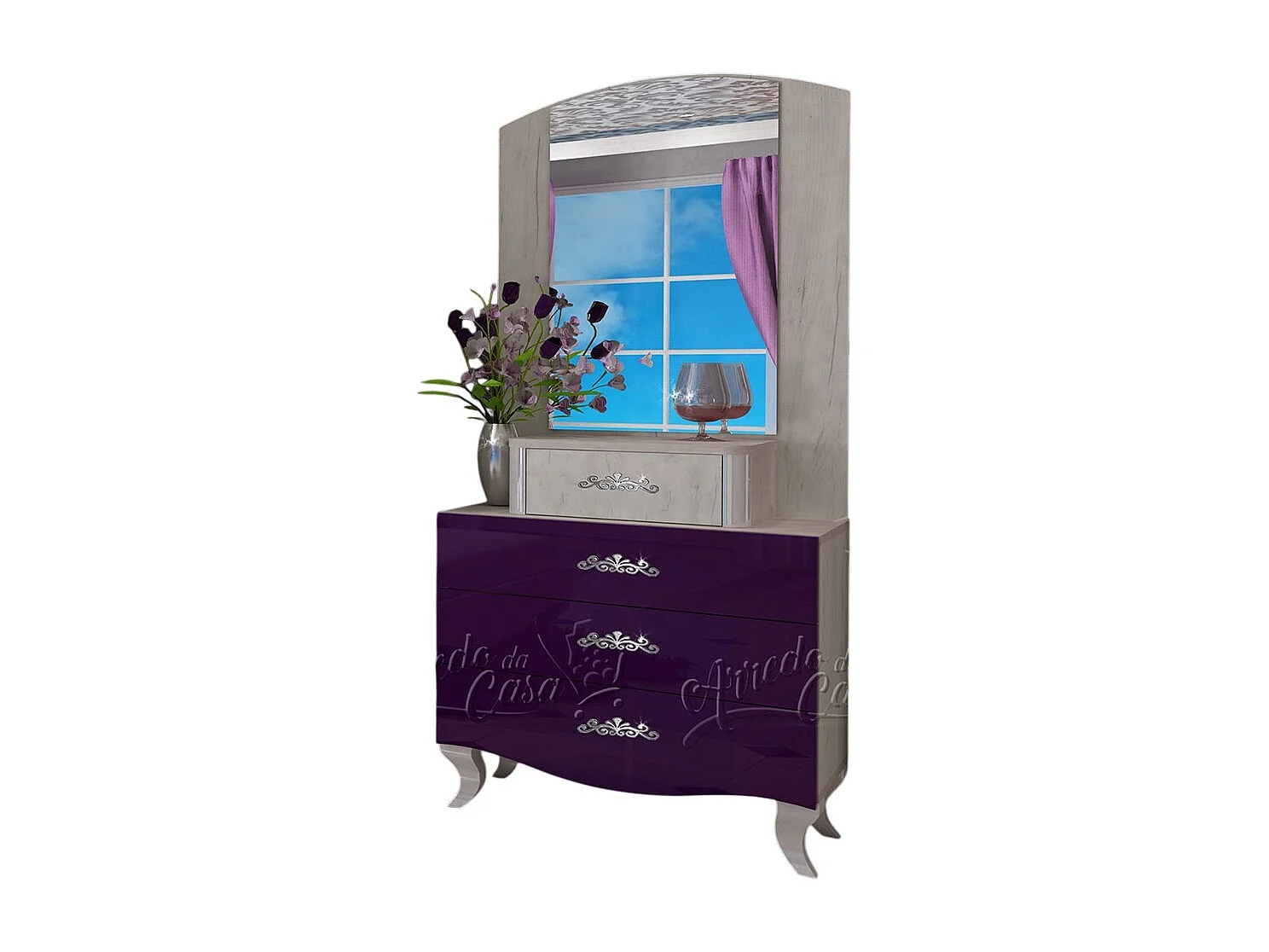 Cassettiera barocca con specchio bianca e viola CU11