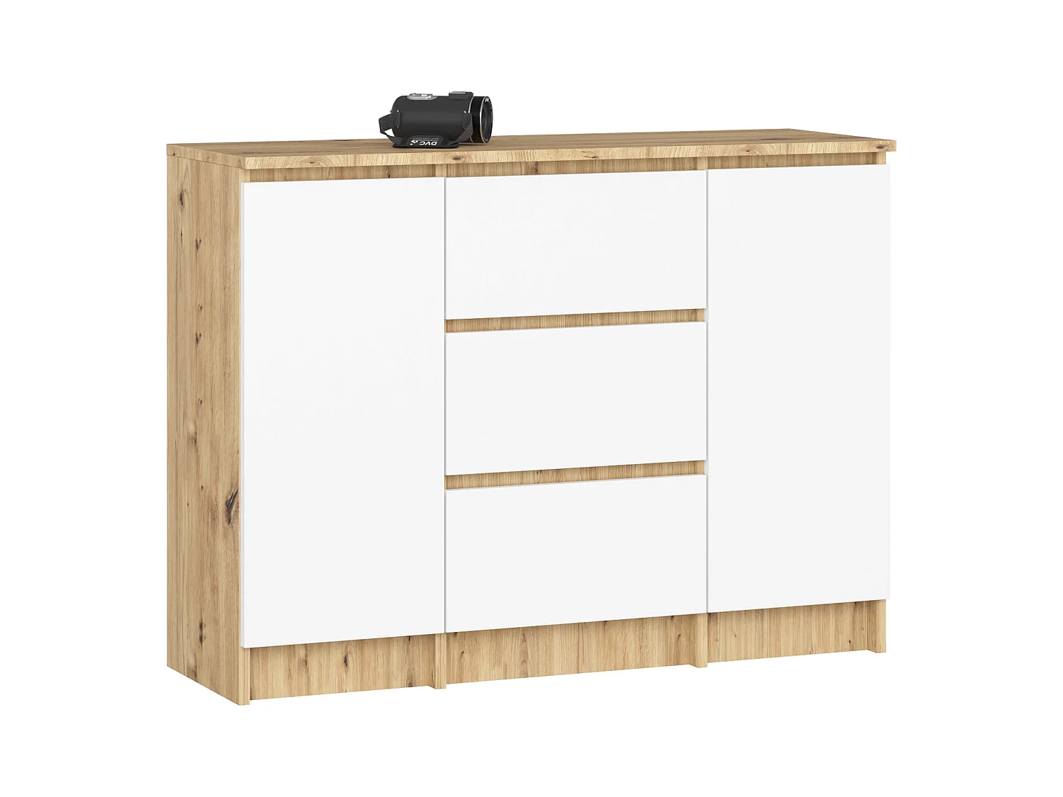 Commode AKORD K100 Chêne Artisan 101 cm 2 portes 3 tiroirs façade Blanche 4 étagères 101x35x76 cm