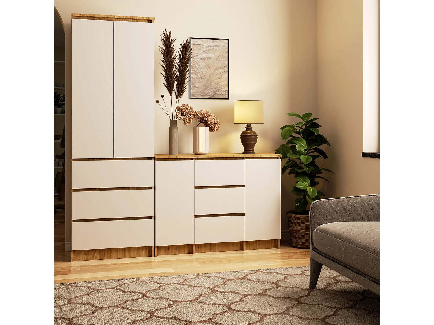 Commode AKORD K100 Chêne Artisan 101 cm 2 portes 3 tiroirs façade Blanche 4 étagères 101x35x76 cm