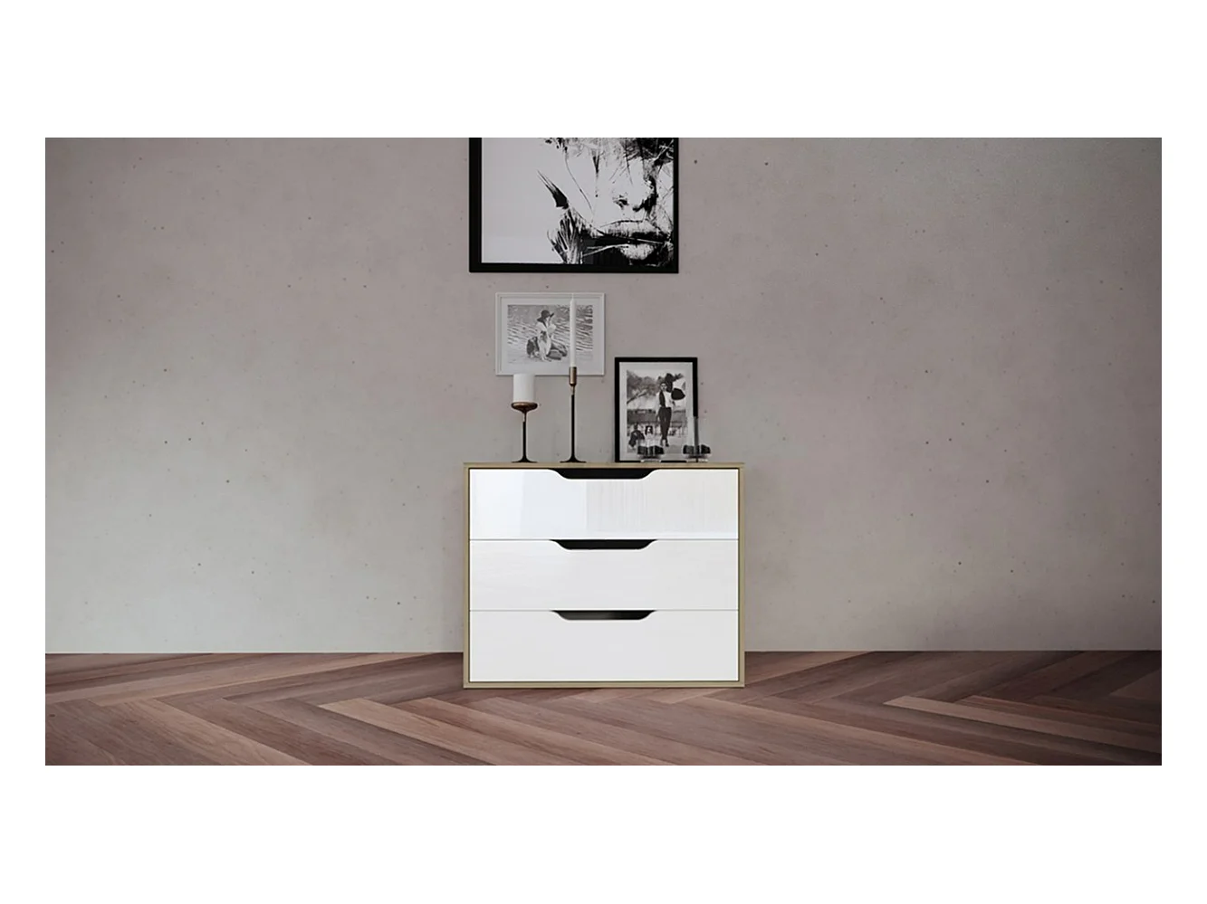 Comò da camera da letto design classico con tre cassetti 85x68 rovere chiaro e bianco lucido CI5