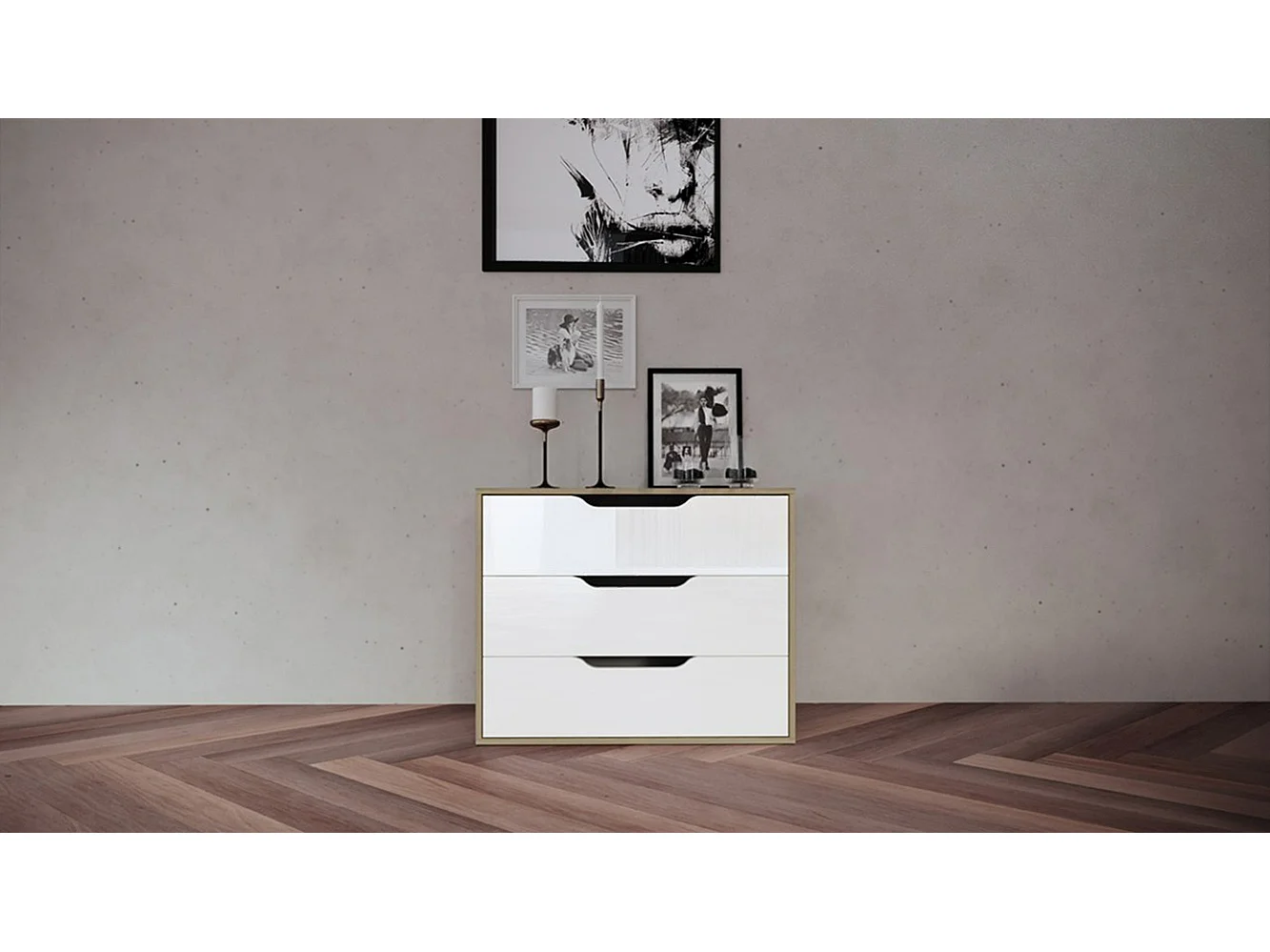 Comò da camera da letto design classico con tre cassetti 85x68 rovere chiaro e bianco lucido CI5