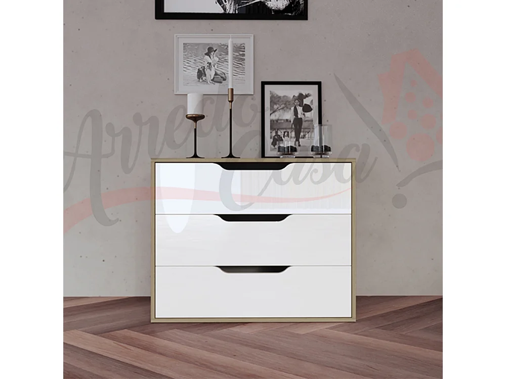 Comò da camera da letto design classico con tre cassetti 85x68 rovere chiaro e bianco lucido CI5