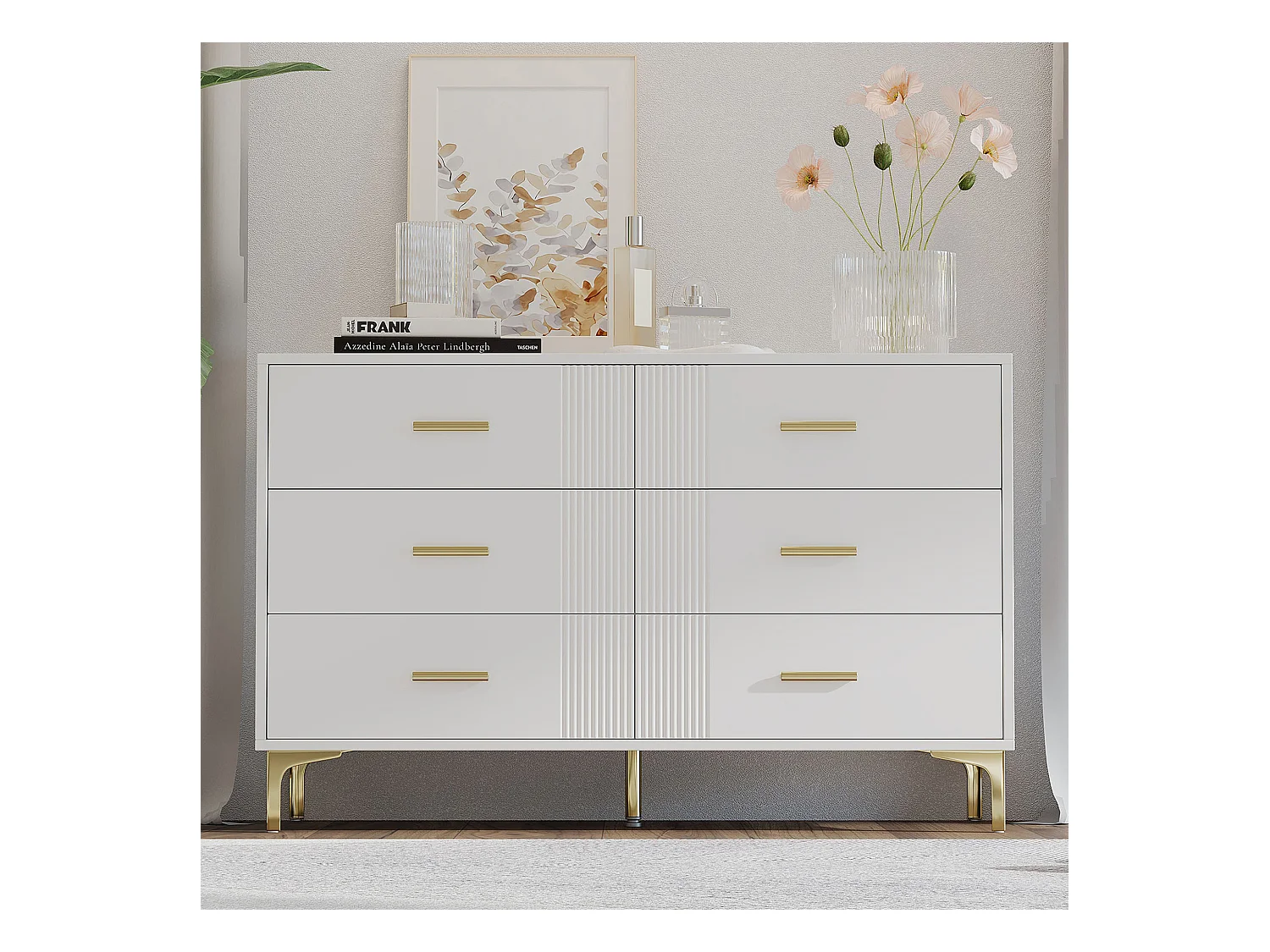 Commode basse 6 tiroirs – 120 x 40 x 76 cm - pour salon et chambre - MDF - blanc