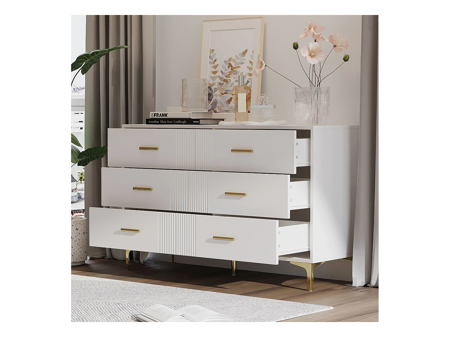 Commode basse 6 tiroirs – 120 x 40 x 76 cm - pour salon et chambre - MDF - blanc