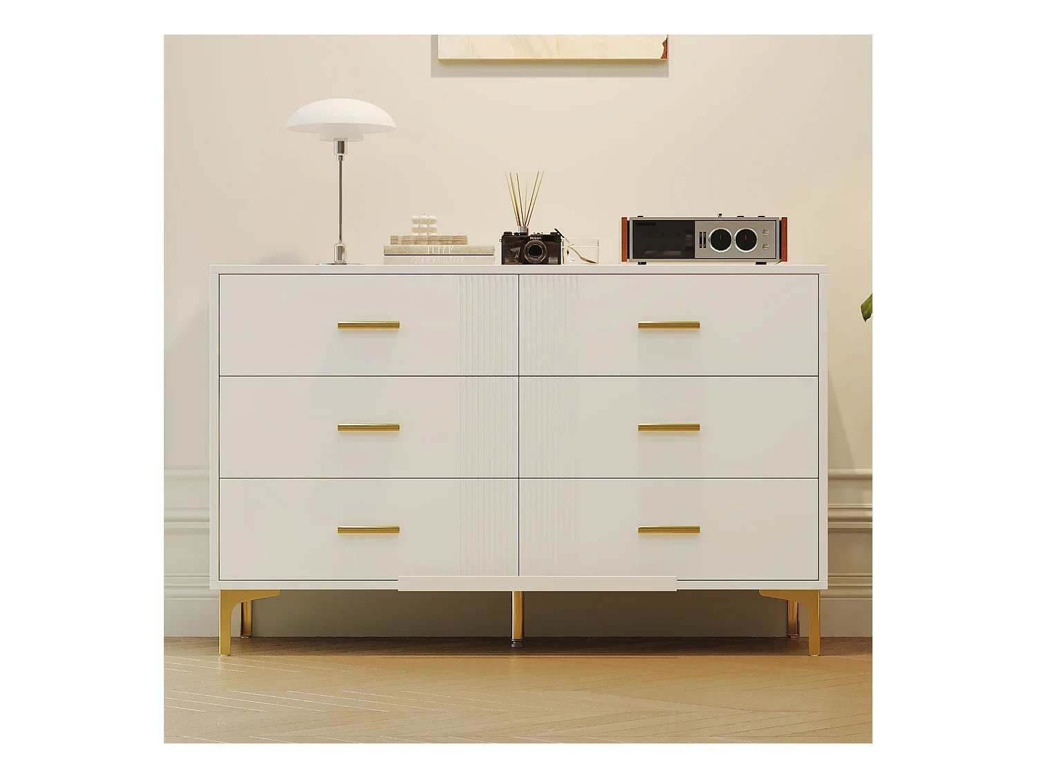 Commode basse 6 tiroirs – 120 x 40 x 76 cm - pour salon et chambre - MDF - blanc