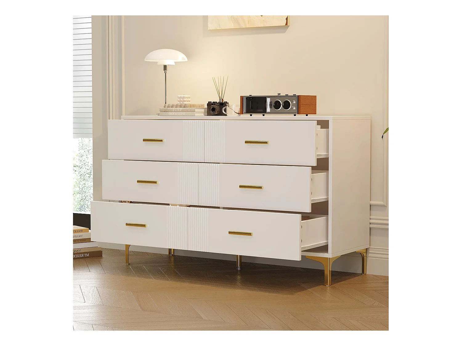 Commode basse 6 tiroirs – 120 x 40 x 76 cm - pour salon et chambre - MDF - blanc