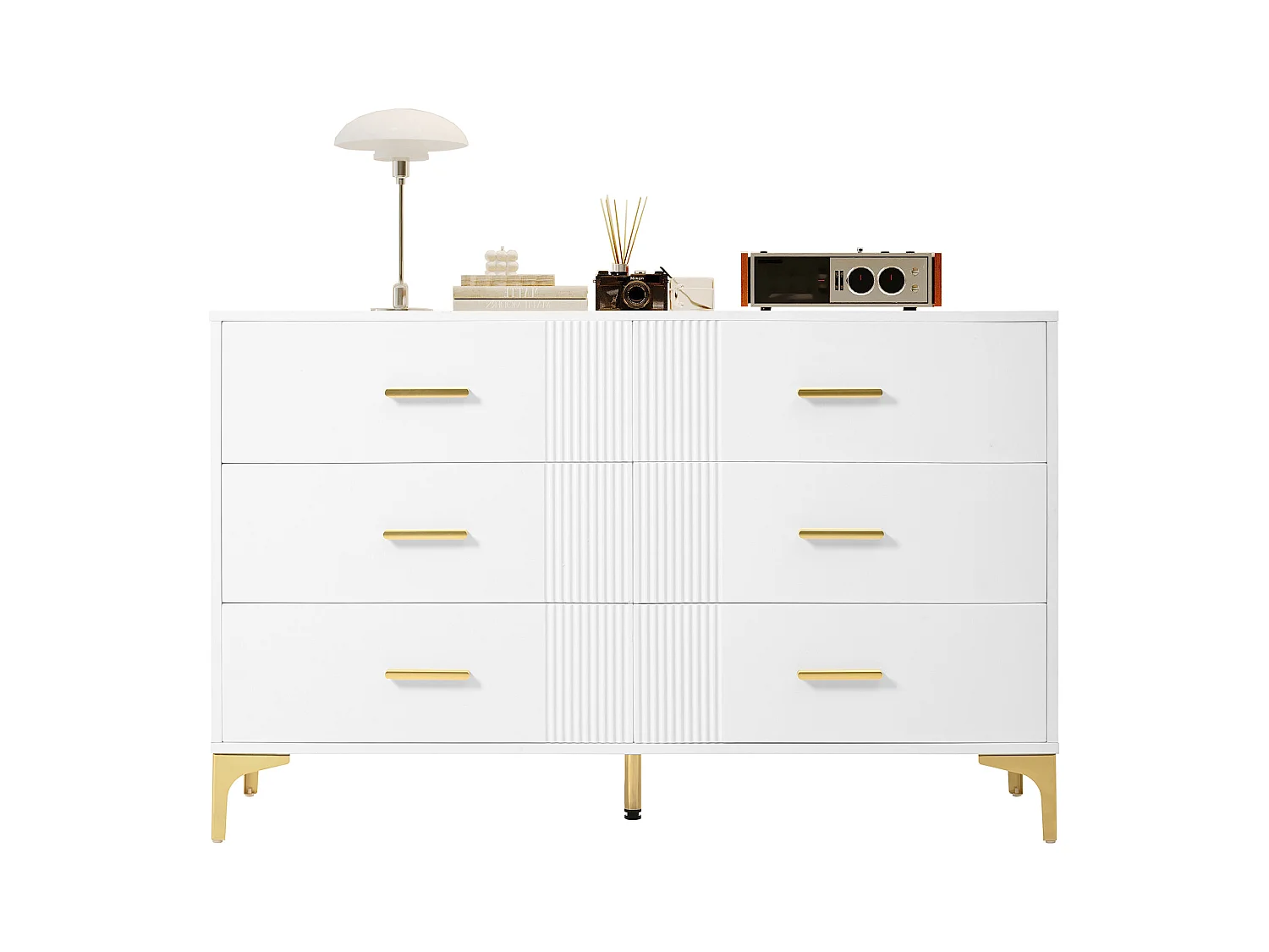 Commode basse 6 tiroirs – 120 x 40 x 76 cm - pour salon et chambre - MDF - blanc