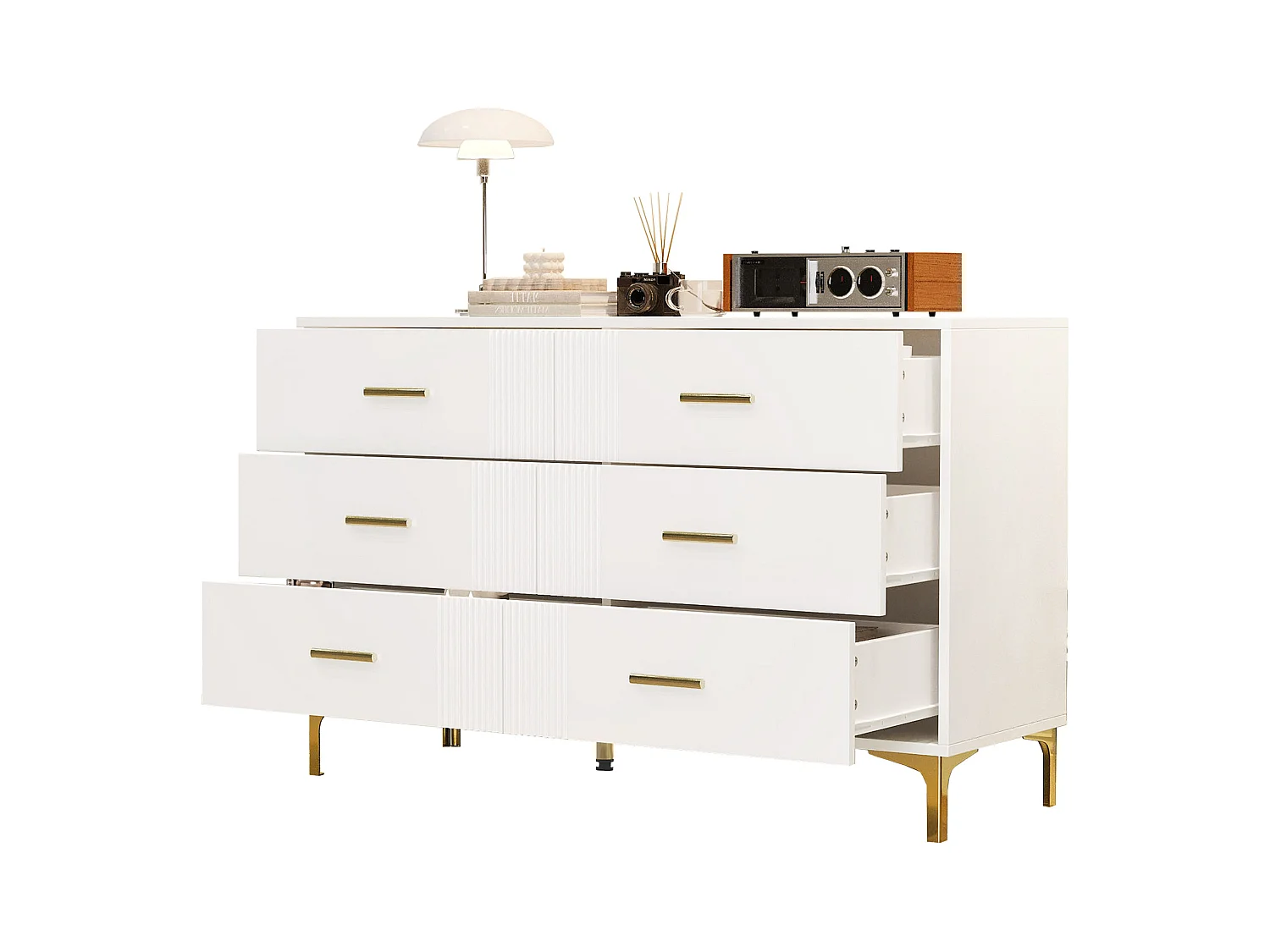 Commode basse 6 tiroirs – 120 x 40 x 76 cm - pour salon et chambre - MDF - blanc