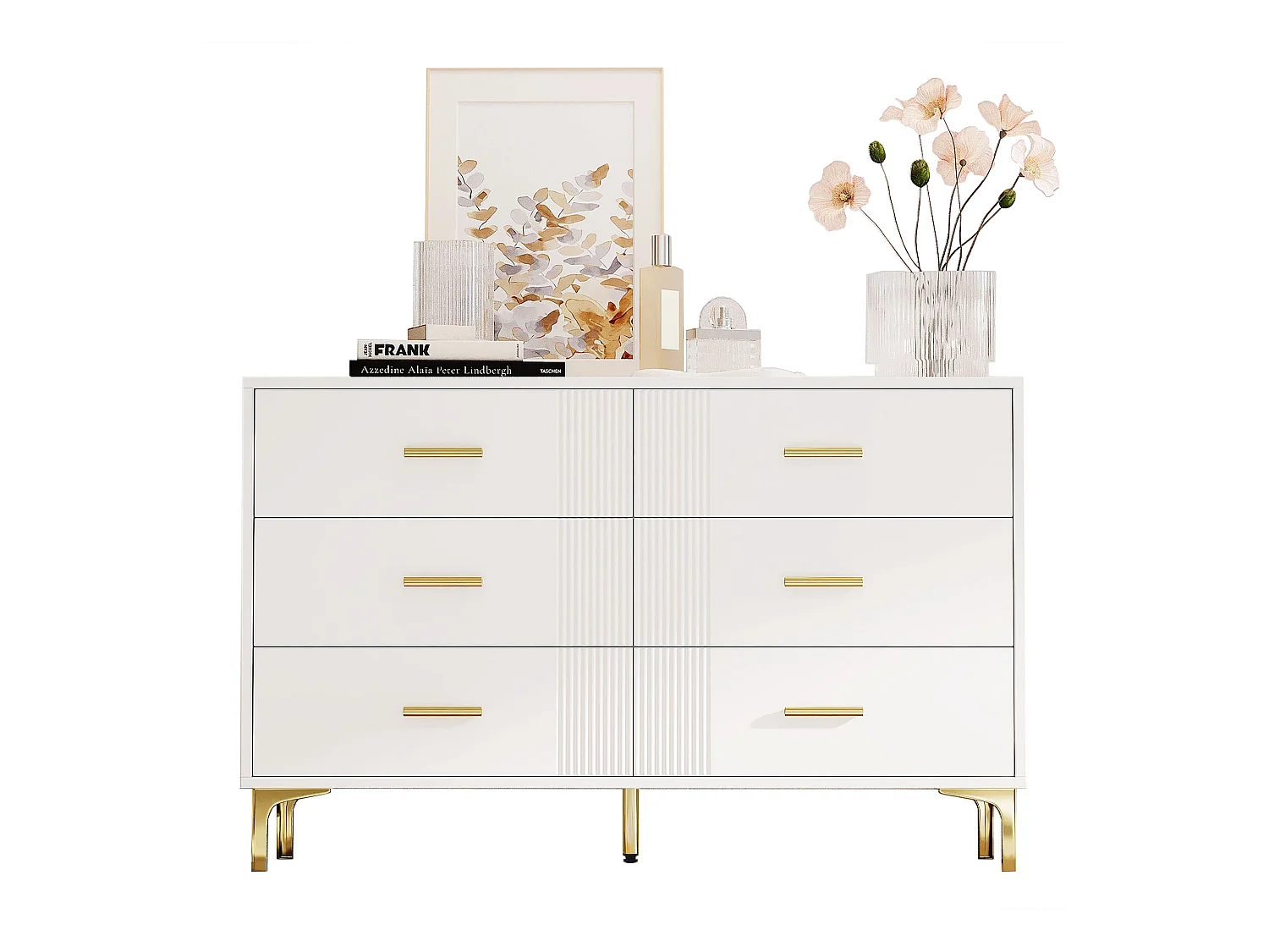 Commode basse 6 tiroirs – 120 x 40 x 76 cm - pour salon et chambre - MDF - blanc