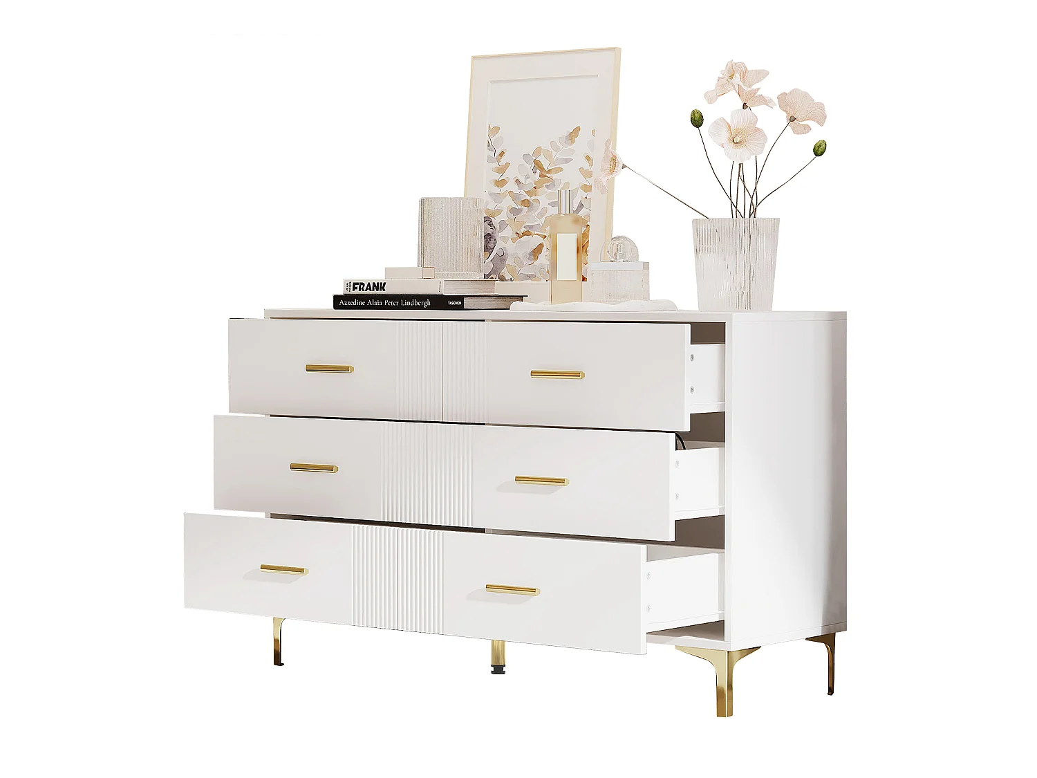 Commode basse 6 tiroirs – 120 x 40 x 76 cm - pour salon et chambre - MDF - blanc