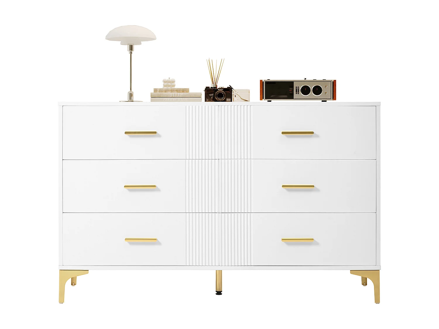 Commode basse 6 tiroirs – 120 x 40 x 76 cm - pour salon et chambre - MDF - blanc