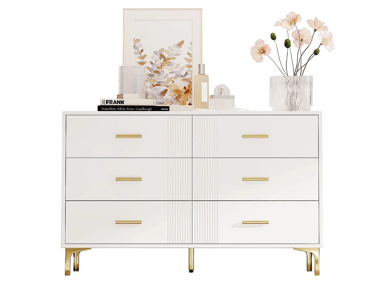 Commode basse 6 tiroirs – 120 x 40 x 76 cm - pour salon et chambre - MDF - blanc