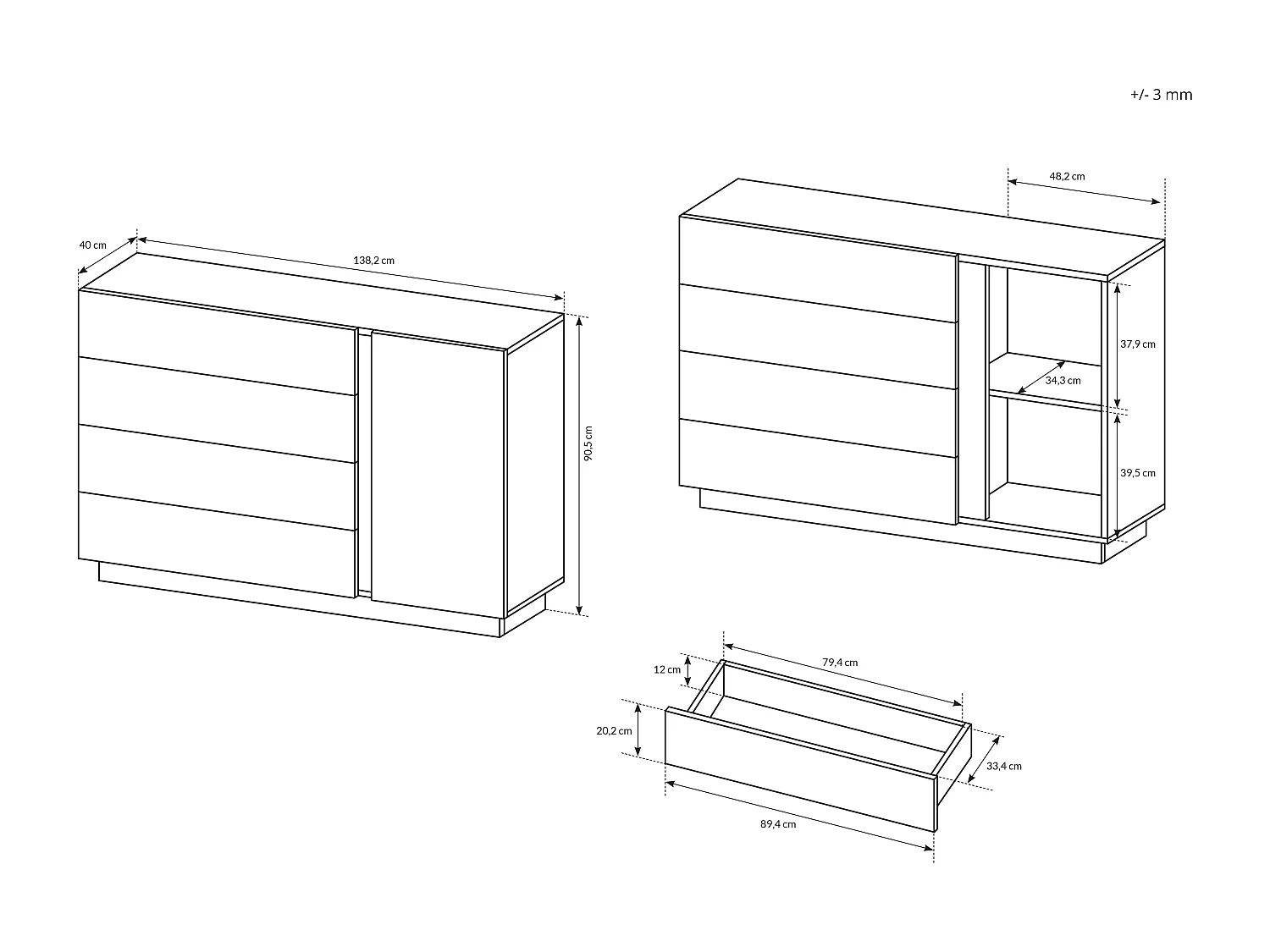Comò moderno 138x90cm con 3 cassetti e 1 anta rovere CLK1