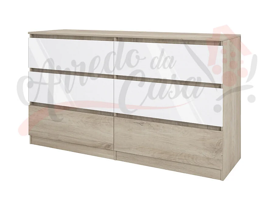 Comò spazioso da camera da notte design moderno con sei cassetti CI26 158x91 sonoma e bianco lucido