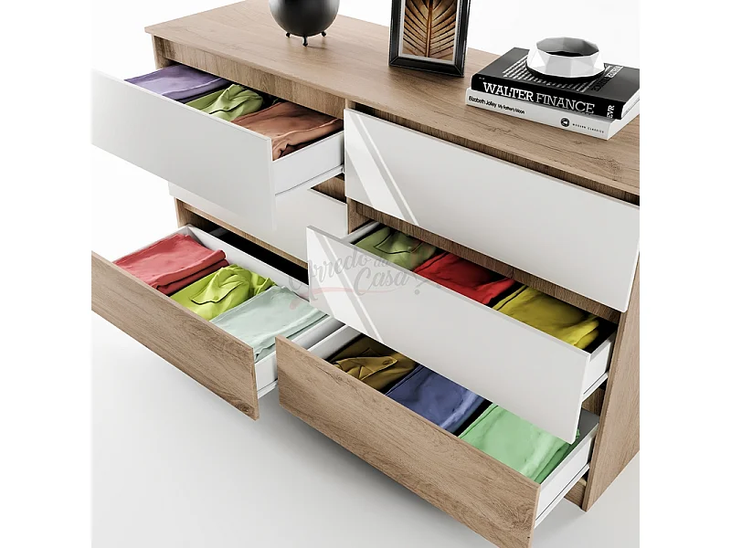 Comò spazioso da camera da notte design moderno con sei cassetti CI26 158x91 sonoma e bianco lucido