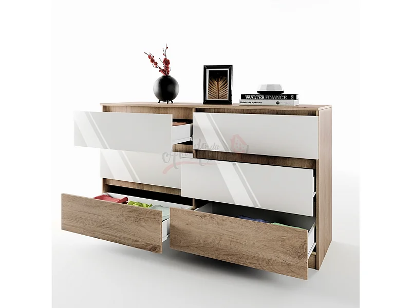 Comò spazioso da camera da notte design moderno con sei cassetti CI26 158x91 sonoma e bianco lucido