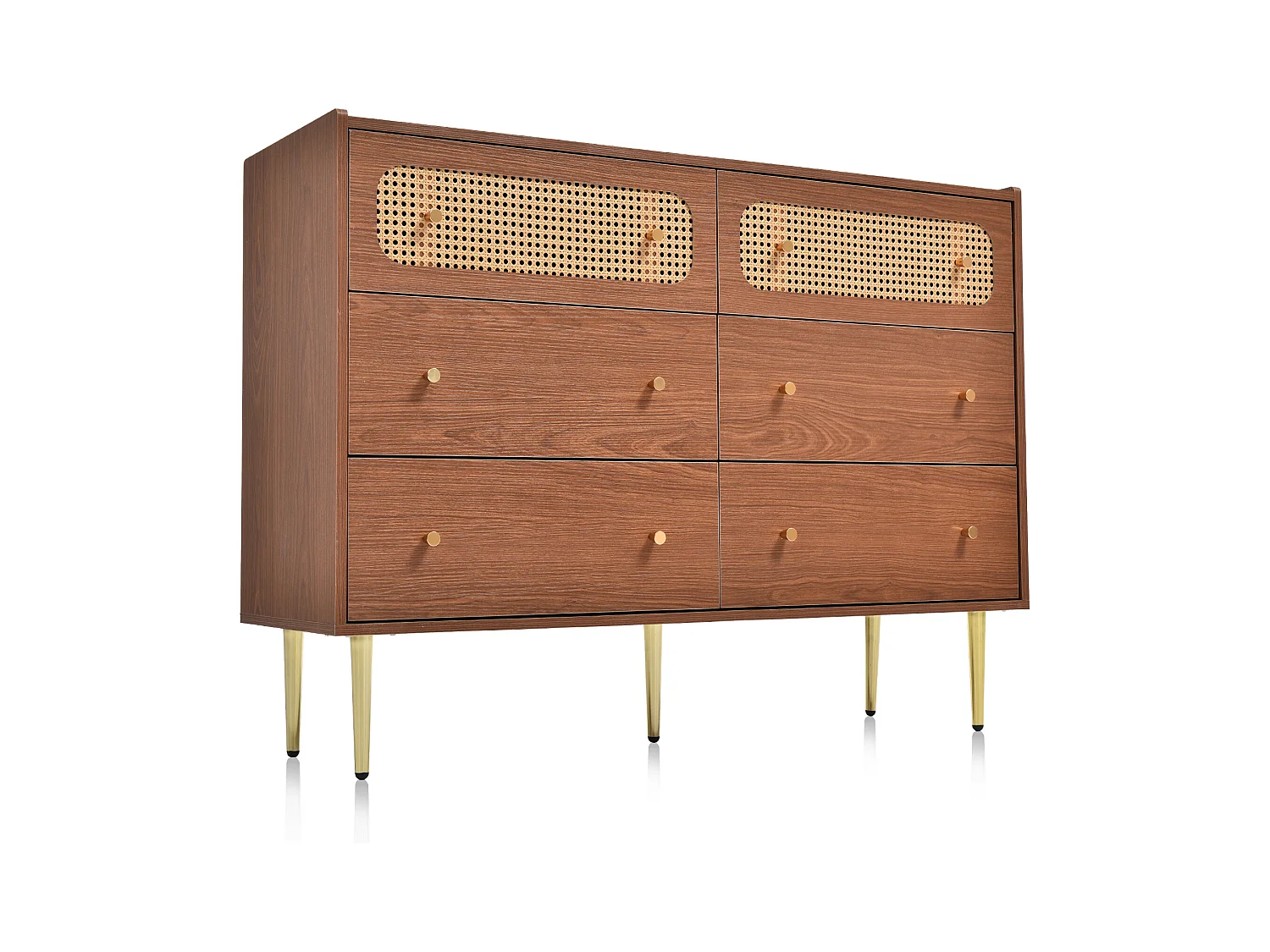 URBAN MEUBLE Commode vintage 6 tiroir en rotin poignées et pieds dorés 120*90*40cm DELMO