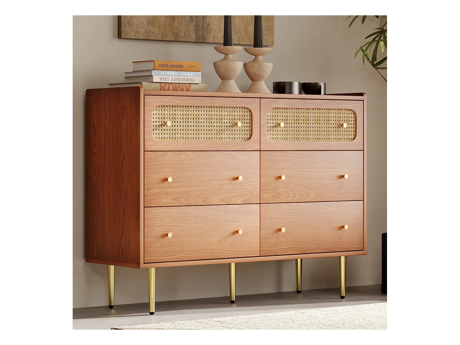 URBAN MEUBLE Commode vintage 6 tiroir en rotin poignées et pieds dorés 120*90*40cm DELMO