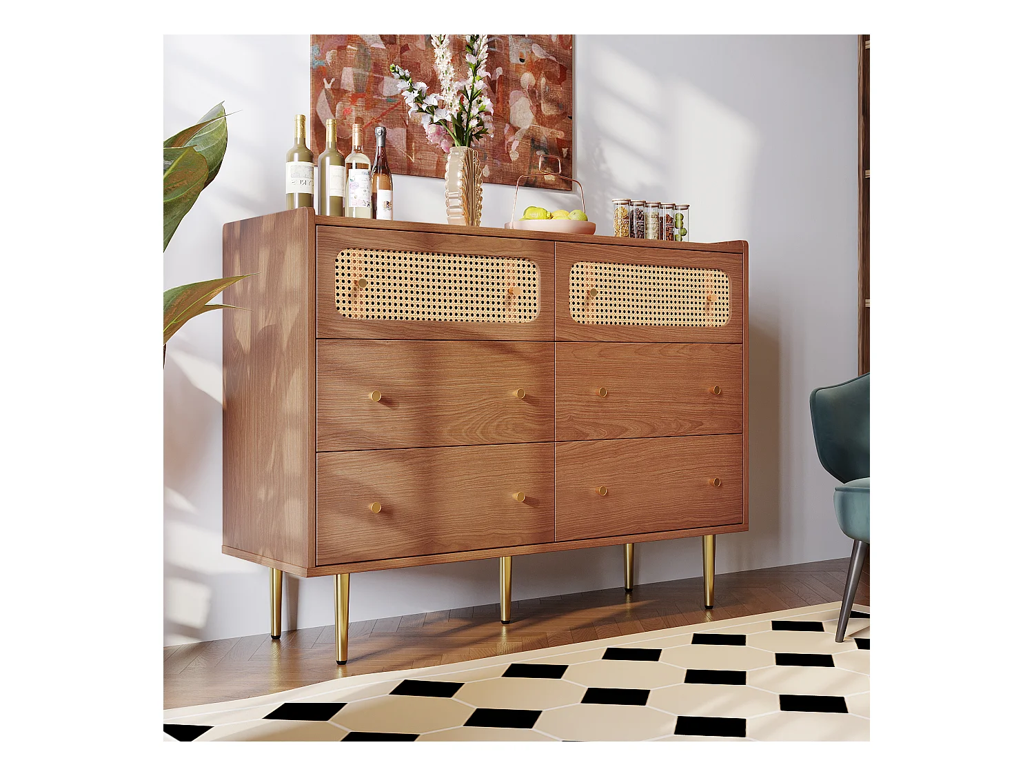 URBAN MEUBLE Commode vintage 6 tiroir en rotin poignées et pieds dorés 120*90*40cm DELMO