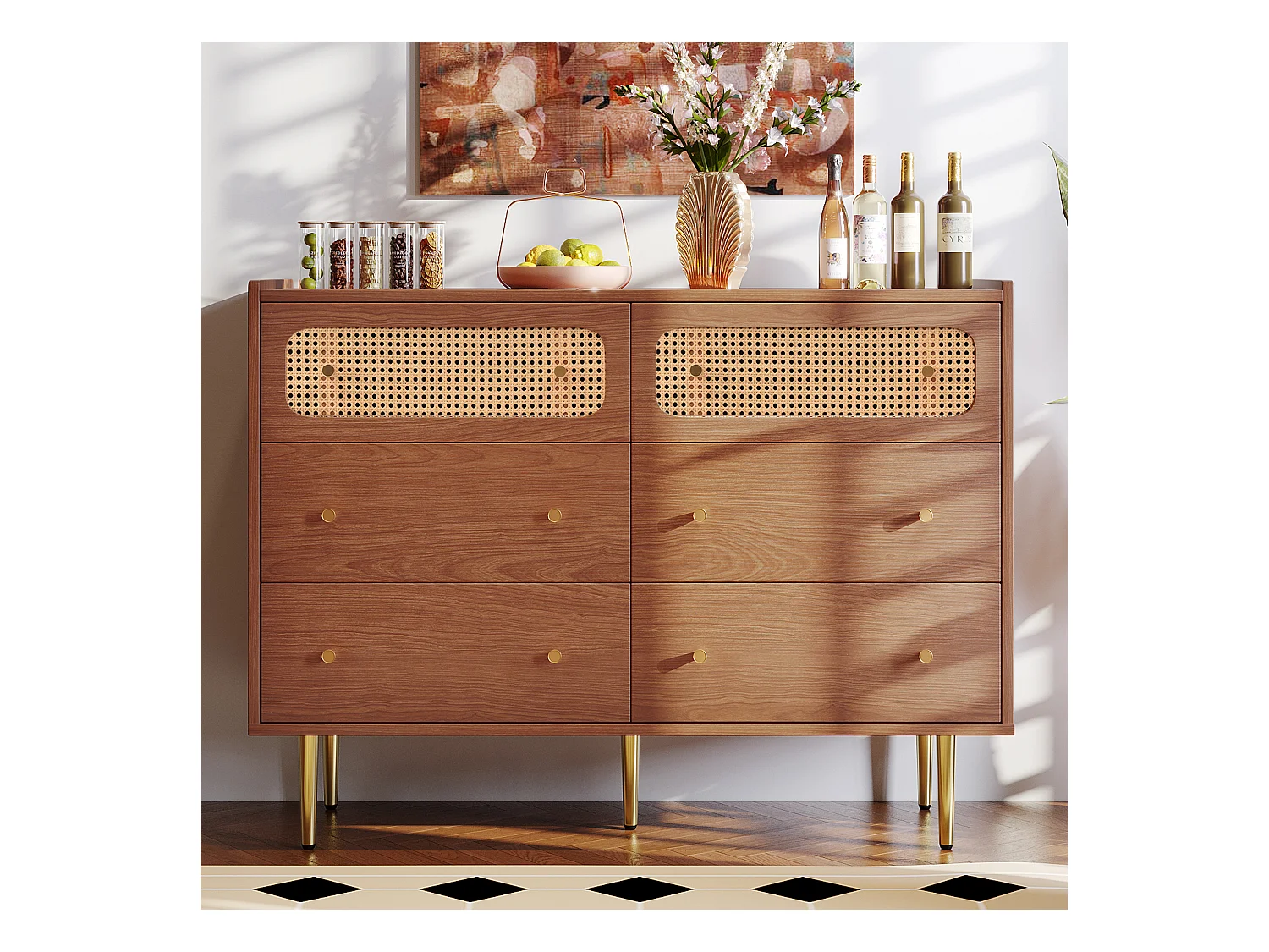 URBAN MEUBLE Commode vintage 6 tiroir en rotin poignées et pieds dorés 120*90*40cm DELMO