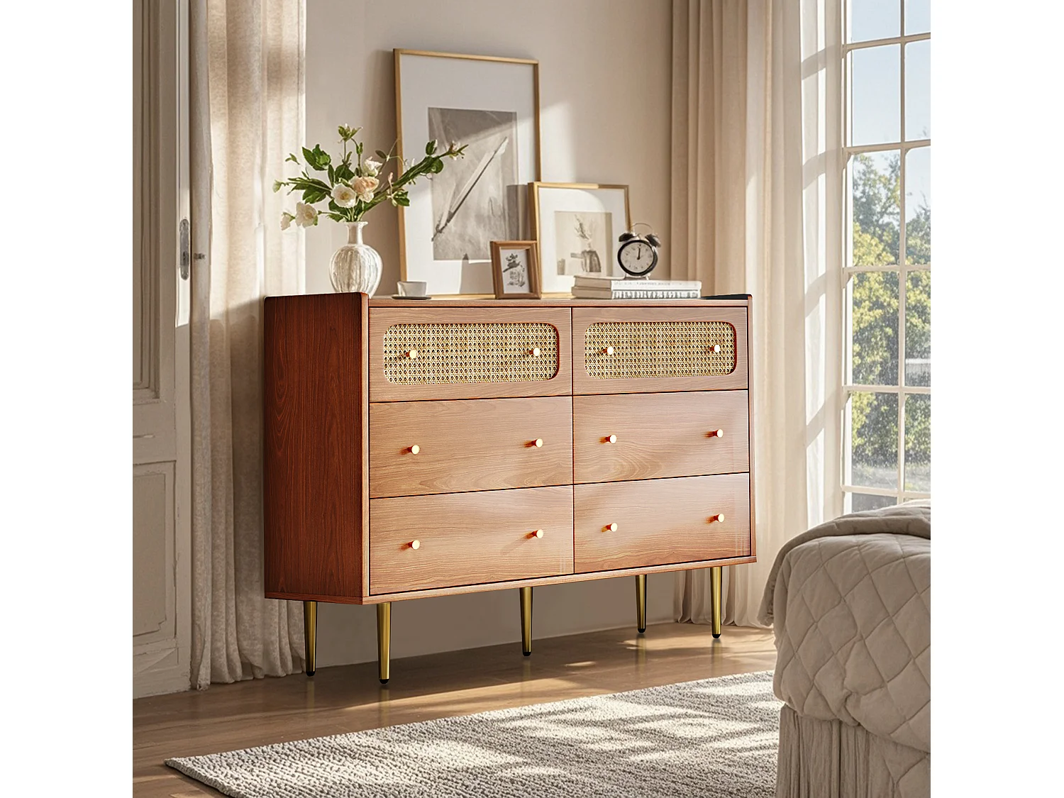 URBAN MEUBLE Commode vintage 6 tiroir en rotin poignées et pieds dorés 120*90*40cm