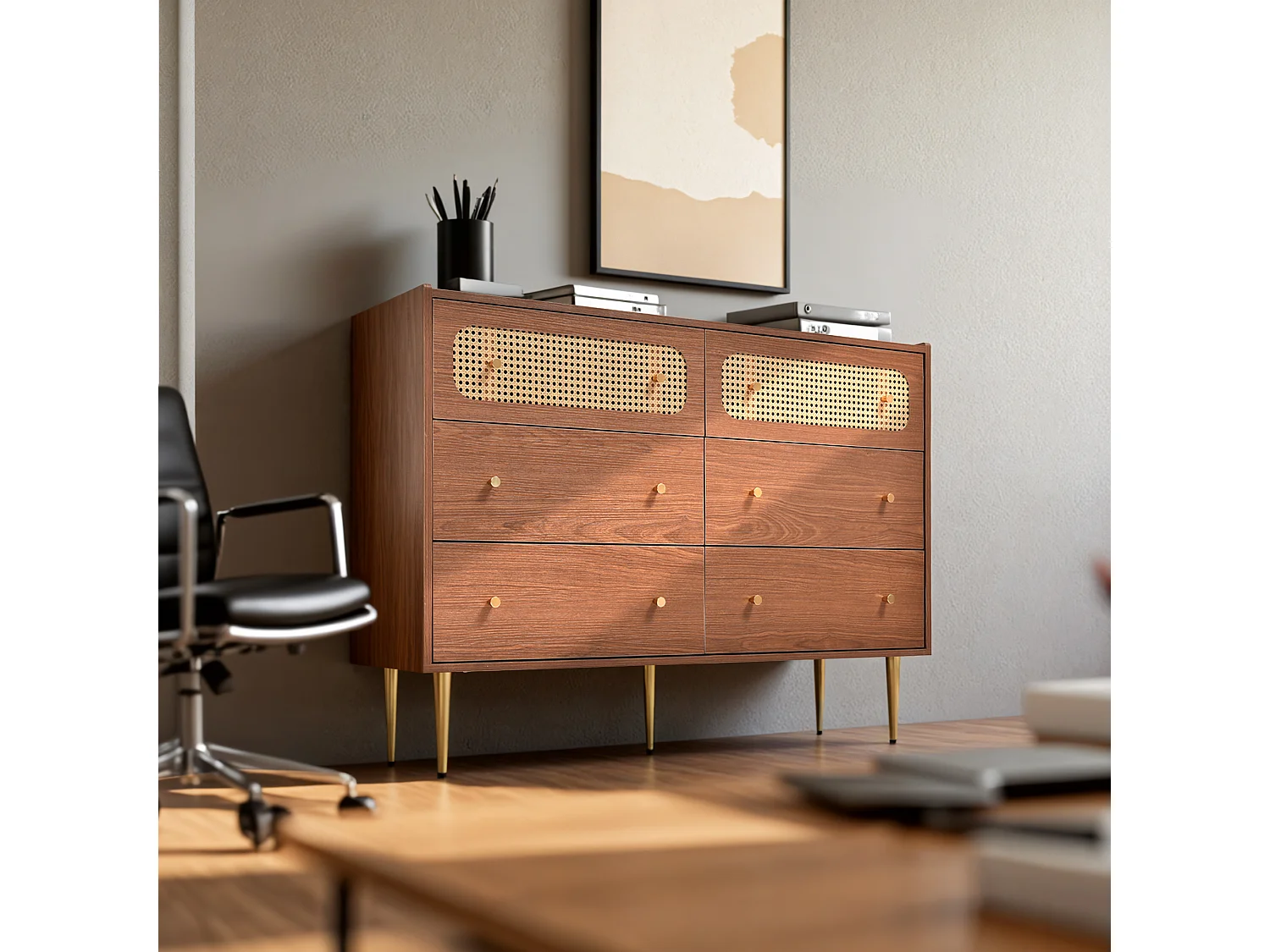 URBAN MEUBLE Commode vintage 6 tiroir en rotin poignées et pieds dorés 120*90*40cm