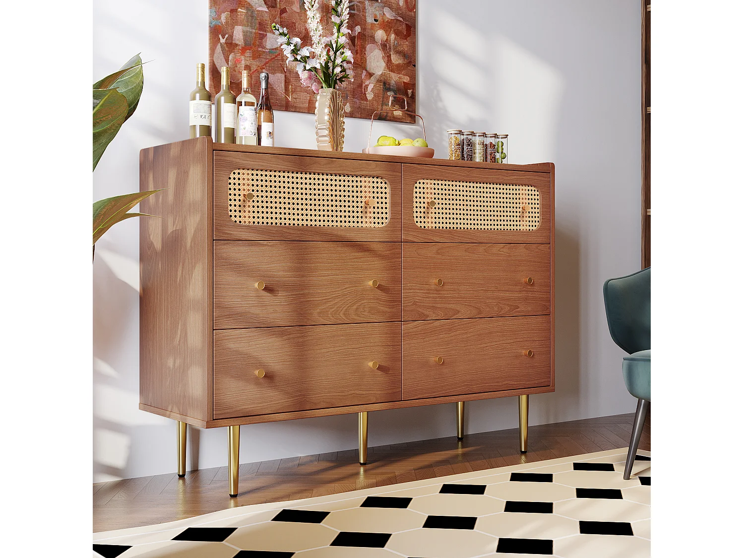 URBAN MEUBLE Commode vintage 6 tiroir en rotin poignées et pieds dorés 120*90*40cm