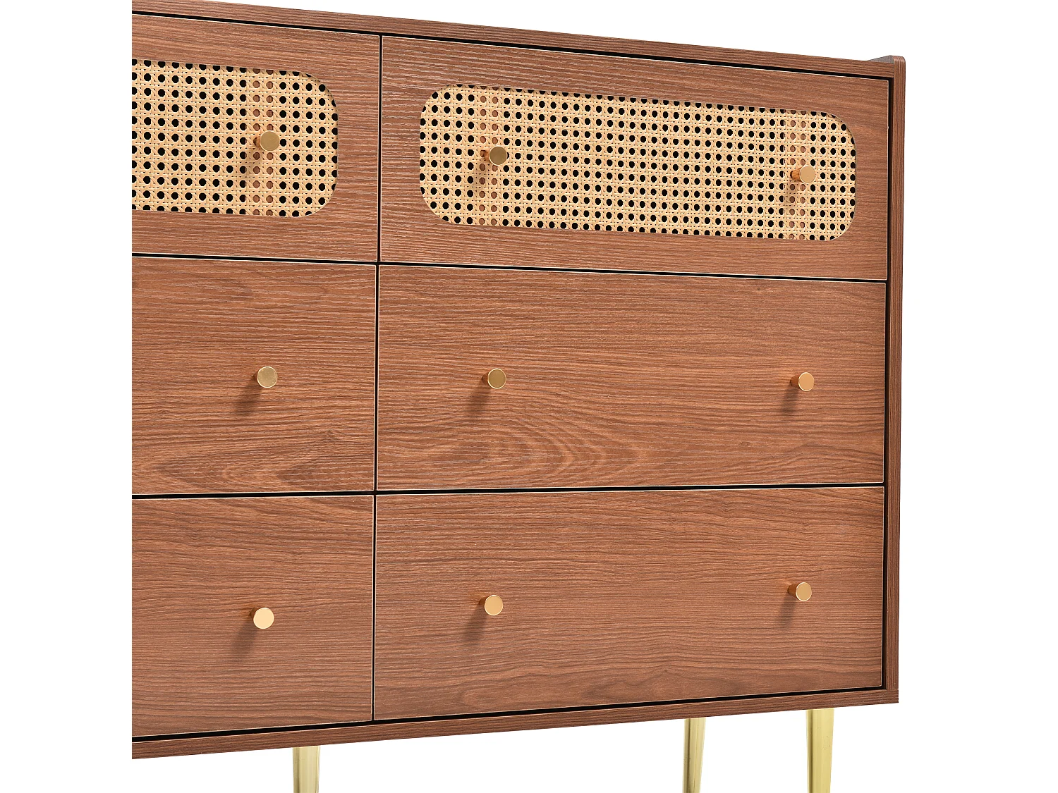 URBAN MEUBLE Commode vintage 6 tiroir en rotin poignées et pieds dorés 120*90*40cm