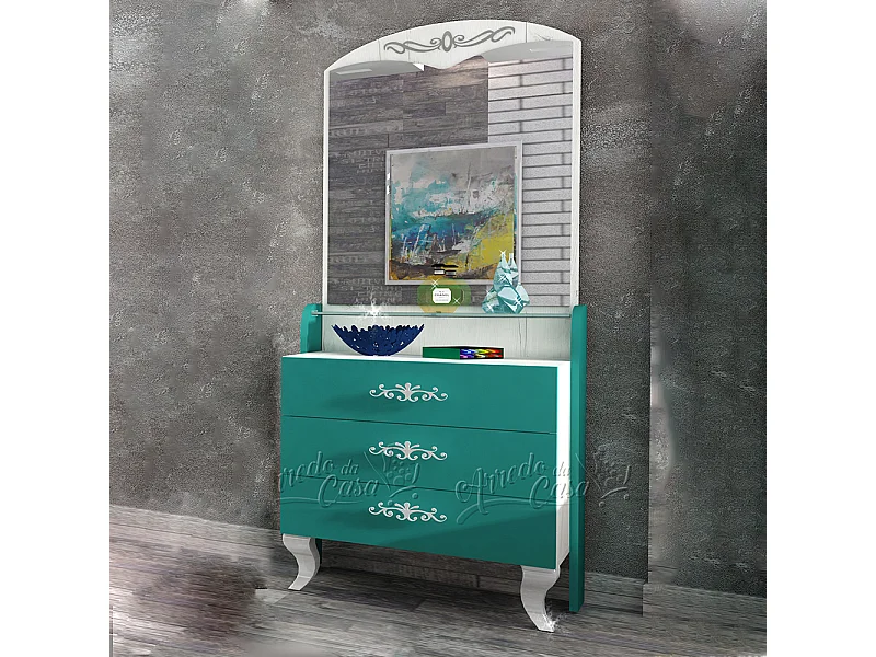 Cassettiera barocca con specchio verde acqua e bianco legno CU7