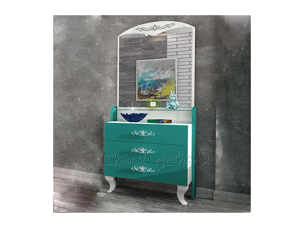 Cassettiera barocca con specchio verde acqua e bianco legno CU7